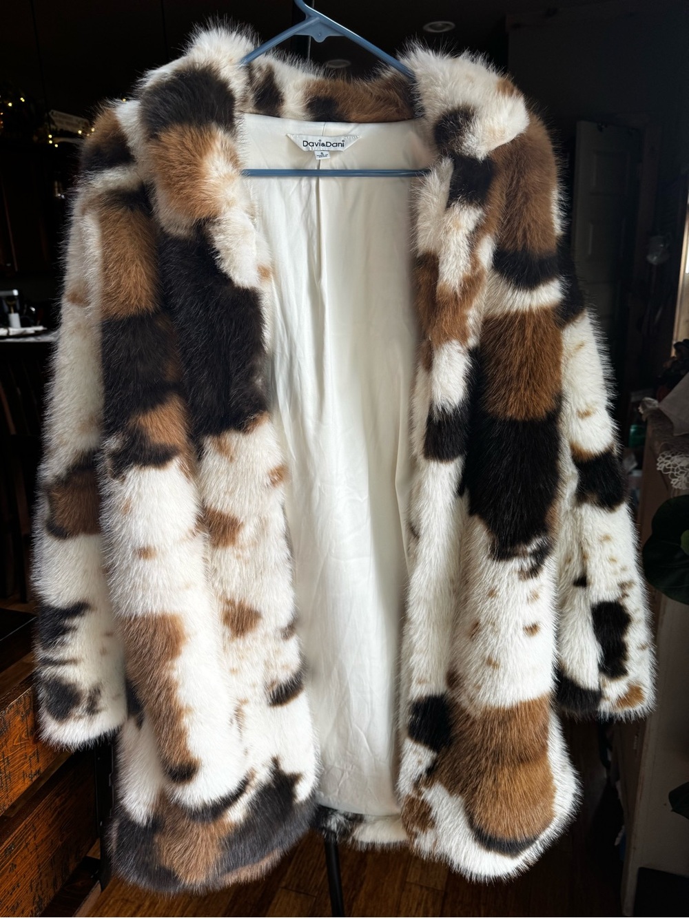 DAVI & DANI White, Brown & Black cow print Faux Fur coat